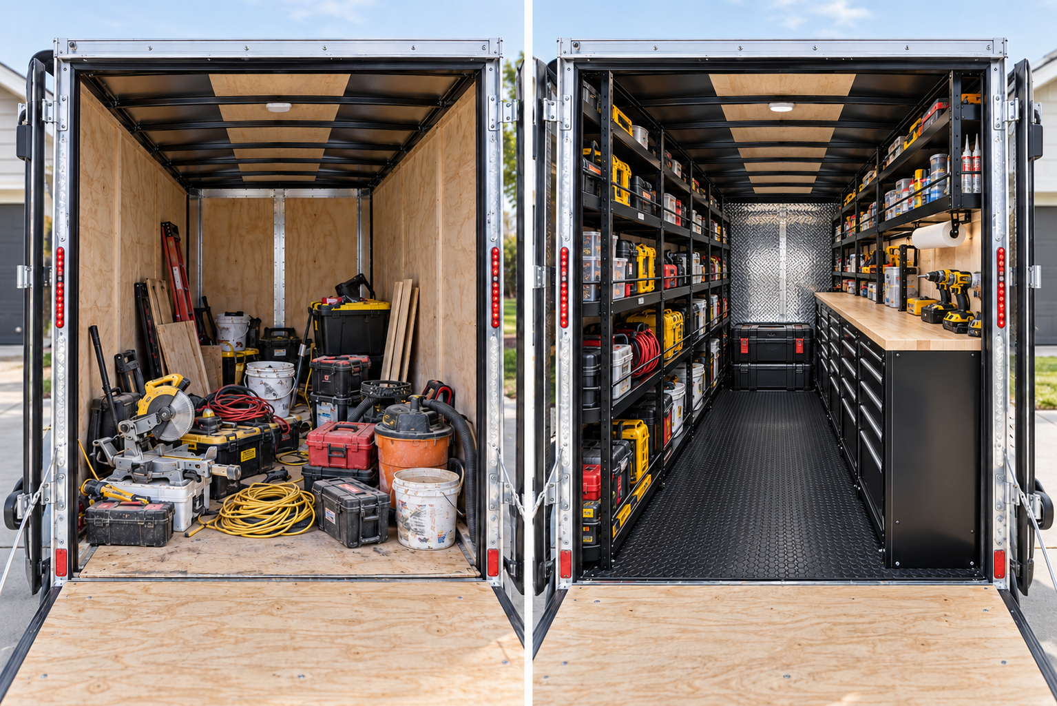 Side-by-side comparison: disorganized cargo trailer vs. organized Hardline custom build with steel shelving, workbench, and clear center aisle